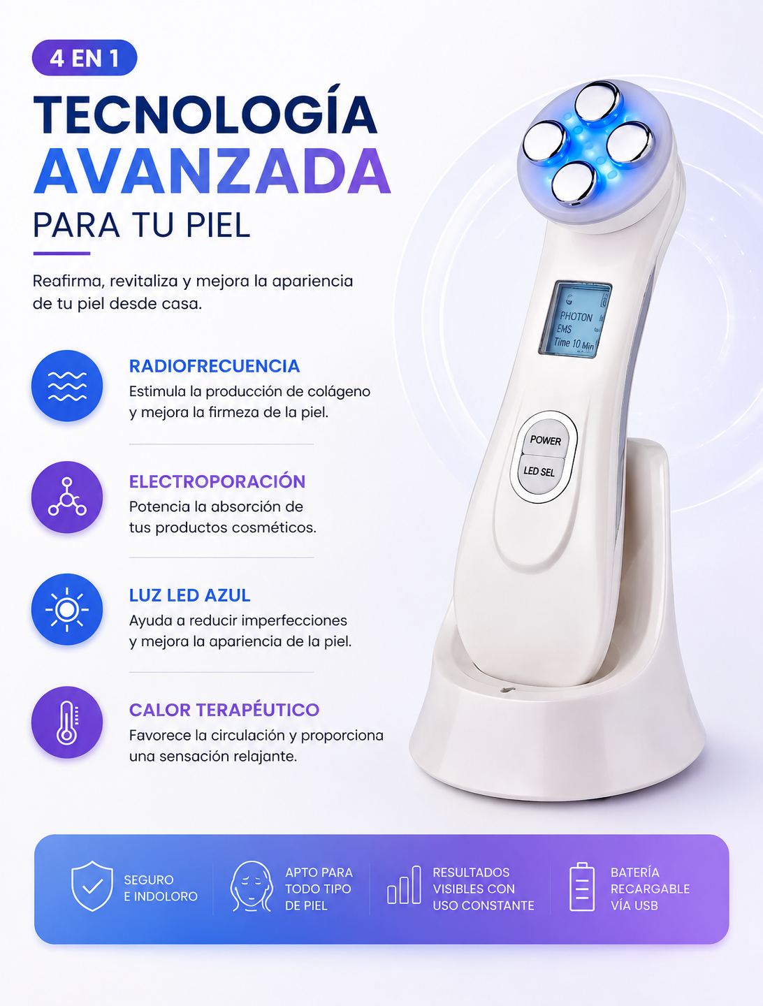 MASAJEADOR FACIAL CON MICROCORRIENTE Y LUZ LED