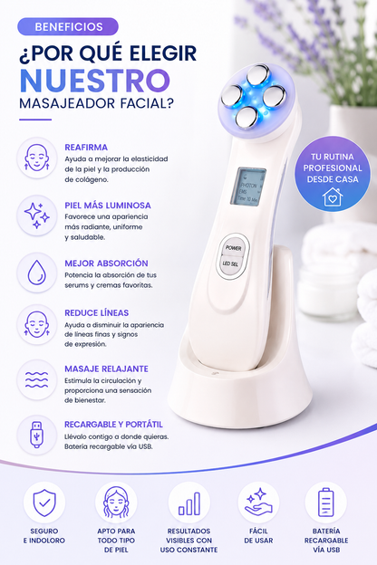 MASAJEADOR FACIAL CON MICROCORRIENTE Y LUZ LED