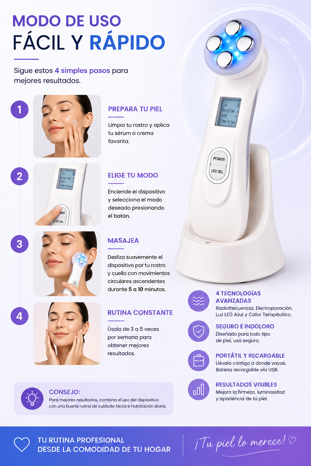 MASAJEADOR FACIAL CON MICROCORRIENTE Y LUZ LED